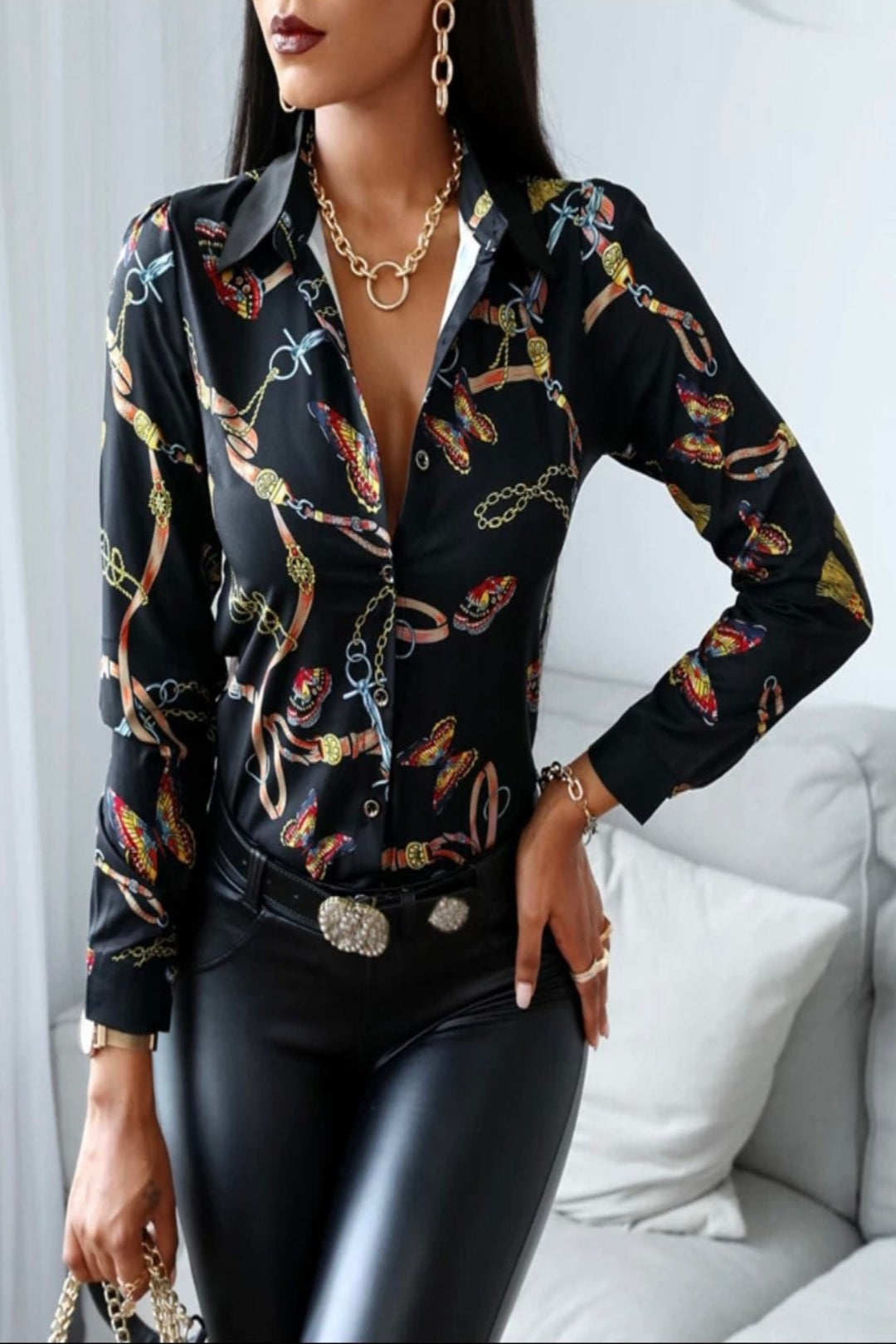 Women's Blouse Floral Printed Blouse Women Elegant V-Neck Loose Long Sleeve Shirts Sexy Spring Summer Casual Party Fashion [Bust: 40 Inches]