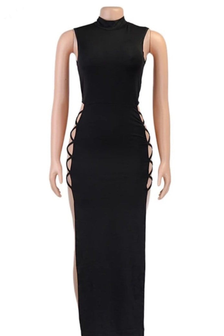 Black Sleeveless Cut Out Waist Split Thigh Bandage Design Bodycon Maxi Dress