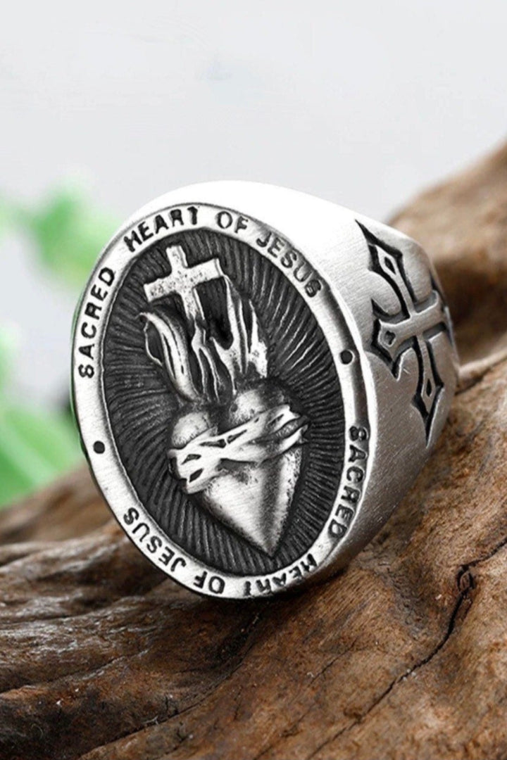 Stainless Steel Ladies Biker Punk Sacred Heart Of Jesus God Ring Cross Amulet Jewelry For Woman Easter Catholic Gothic Gift [US Size 9]