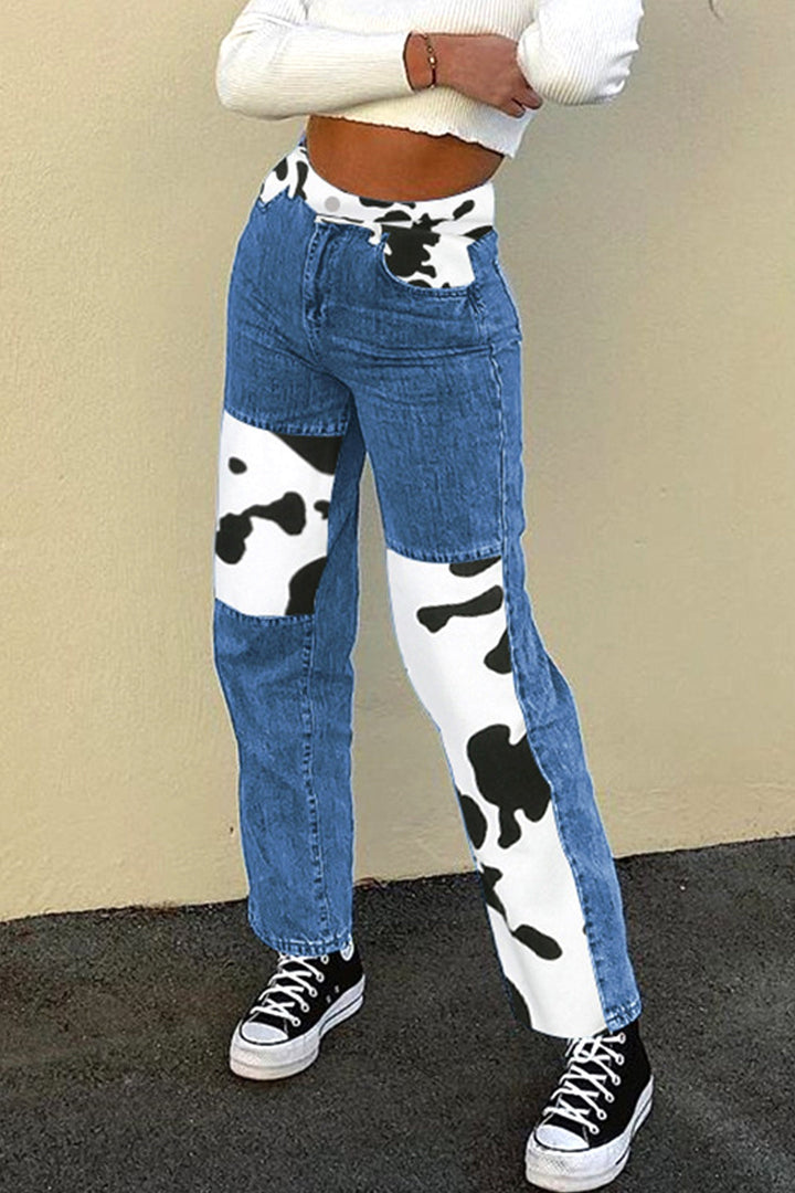 Cow Print Patchwork Jeans, Blue Wash Jeans, Graphic Cow Print High Waisted Wide Fit Straight Leg Jeans