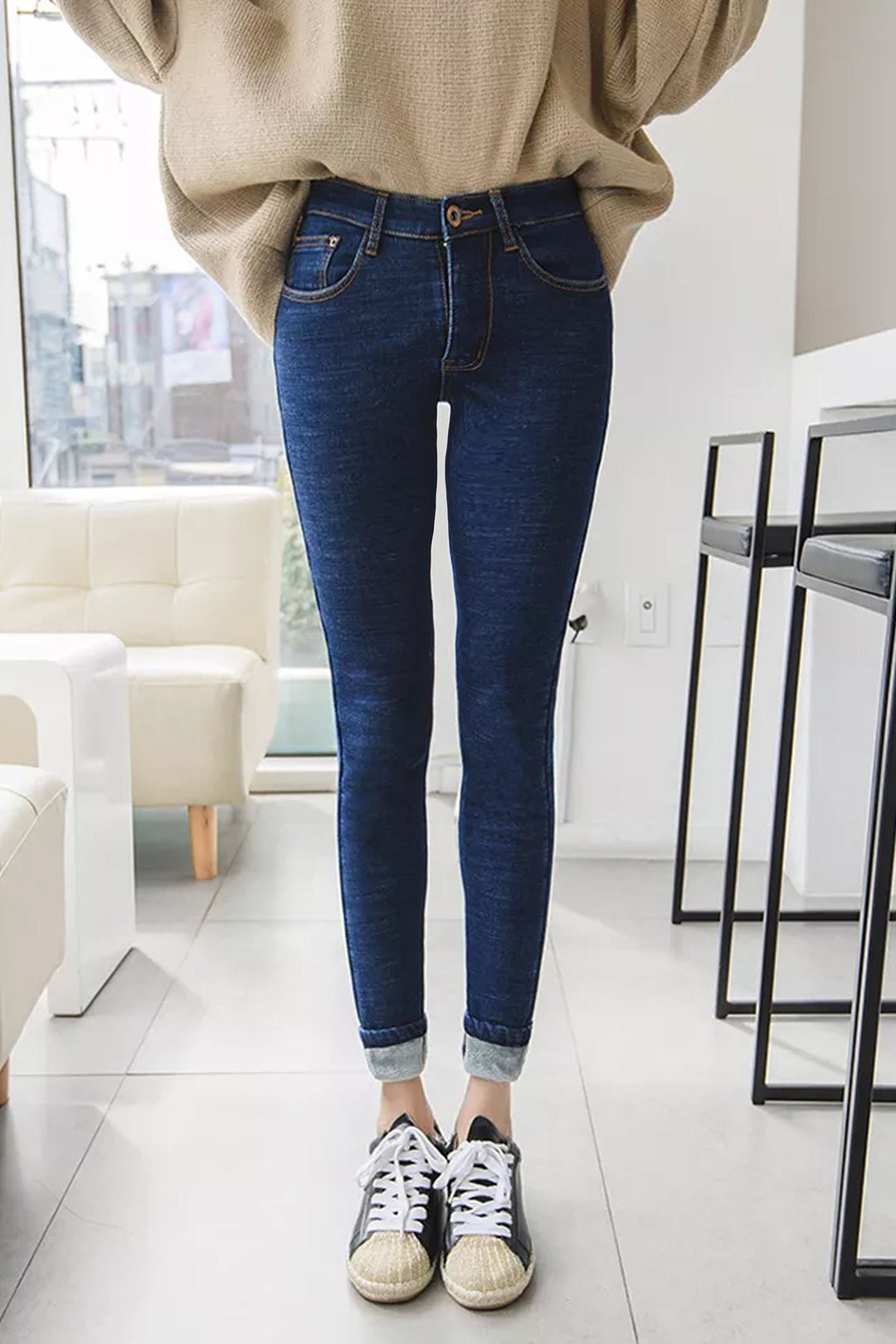 High Waisted Skinny Jeans, Thermal Fleece Inner Fur Jeans, Available in Mid Blue Wash & Black