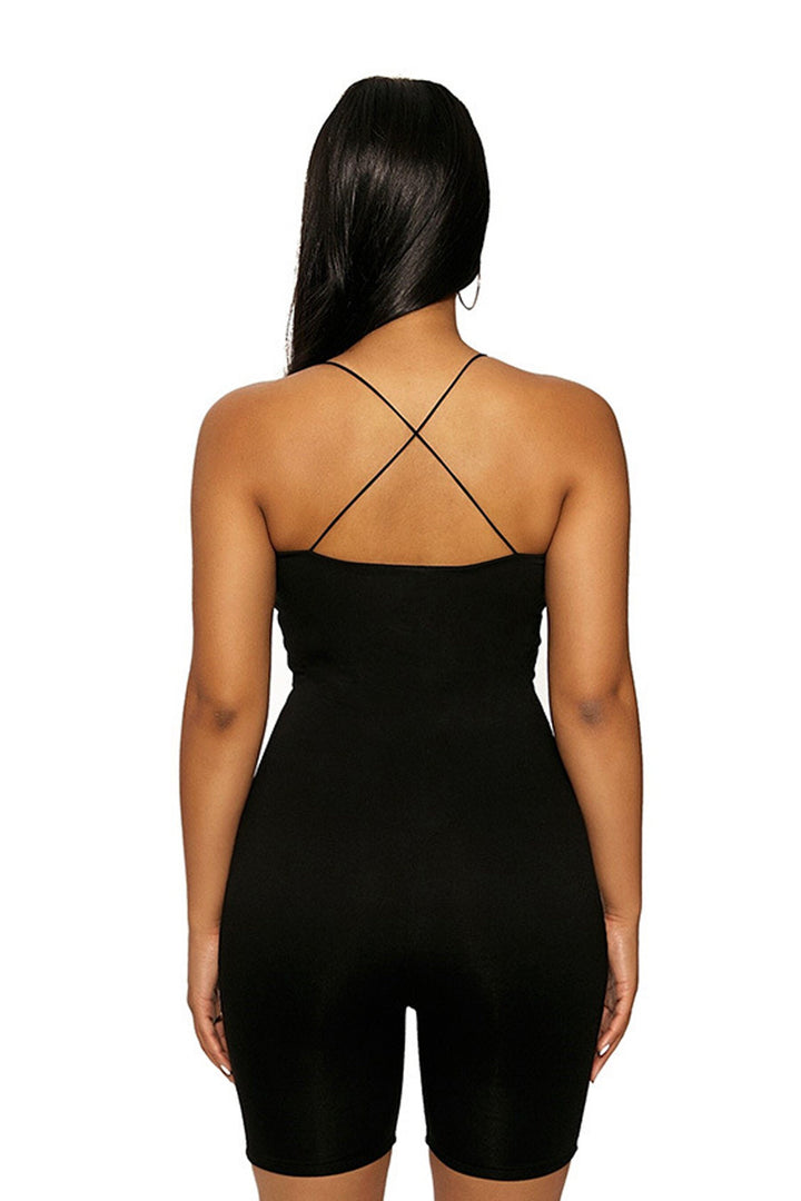 Black Deep Plunge Strappy Playsuit Unitard Romper, Sleeveless Spaghetti Cross Back Strap, Ribbed Jersey Material, Black One Piece Set