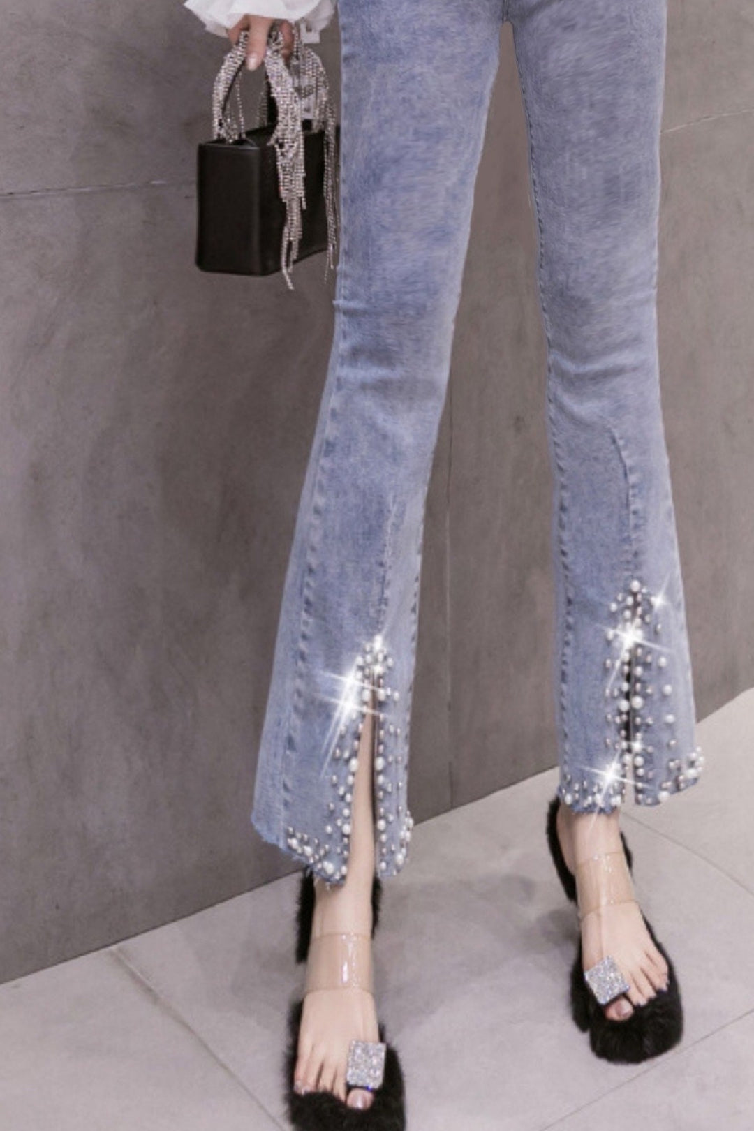 Crystal Rhinestone & Pearl Embellished High Rise Denim Jeans, Rhinestone Pocket Detail, Blue Wash Studded Straight Leg Jeans