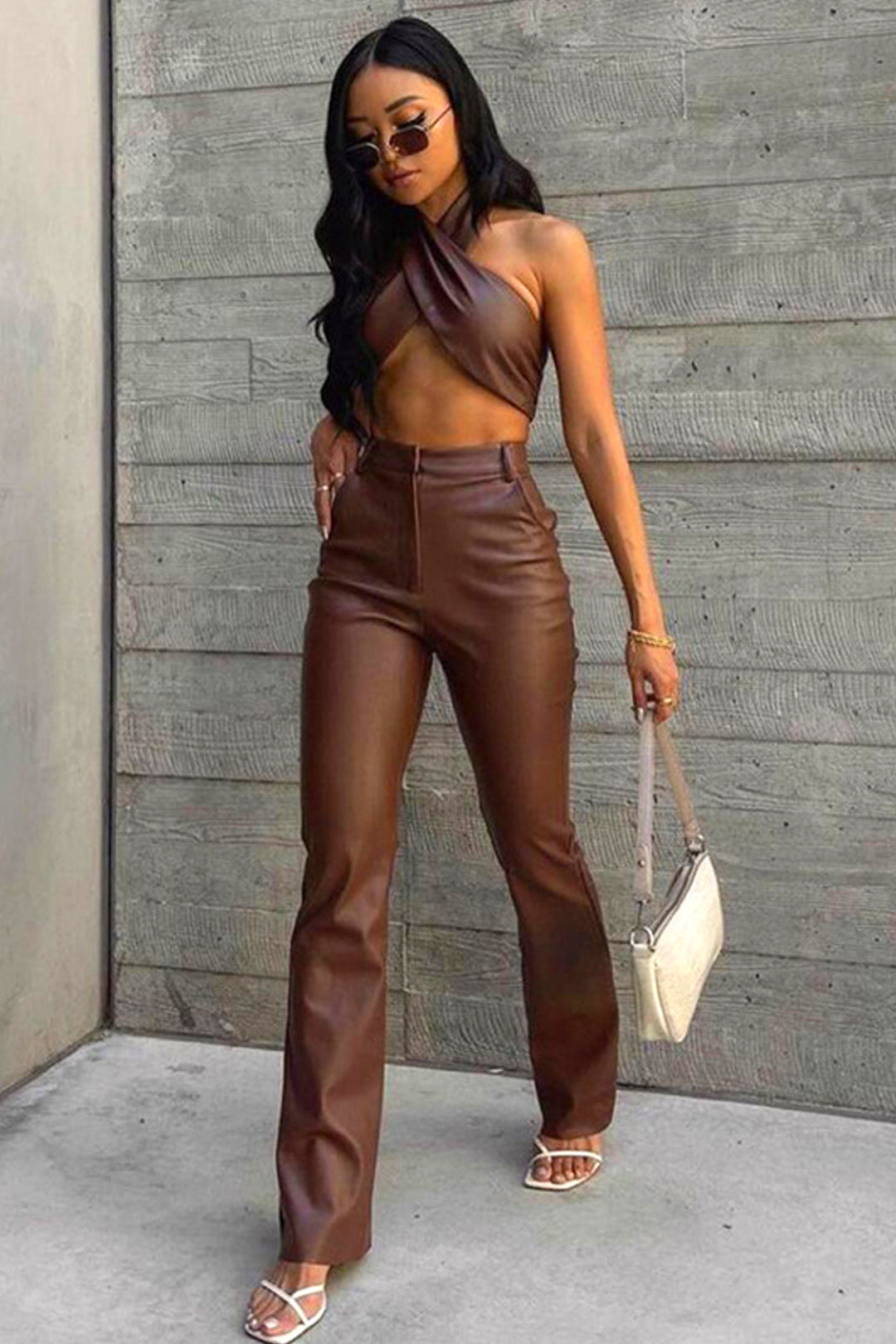 Tan Brown PU Leather Two Piece Set, Tie Back Wrap Halter Crop Top, High Waisted Flared Trousers