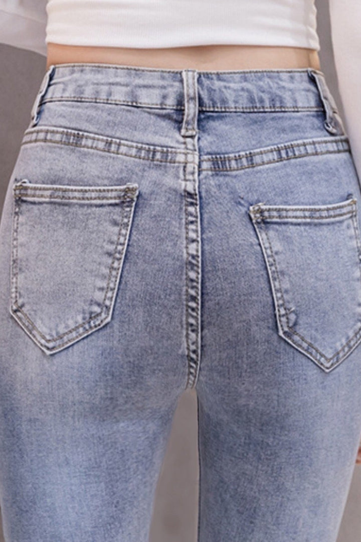 Crystal & Pearl Embellished Split Front High Rise Denim Jeans, Grey Wash Studded Straight Leg Mom Jeans