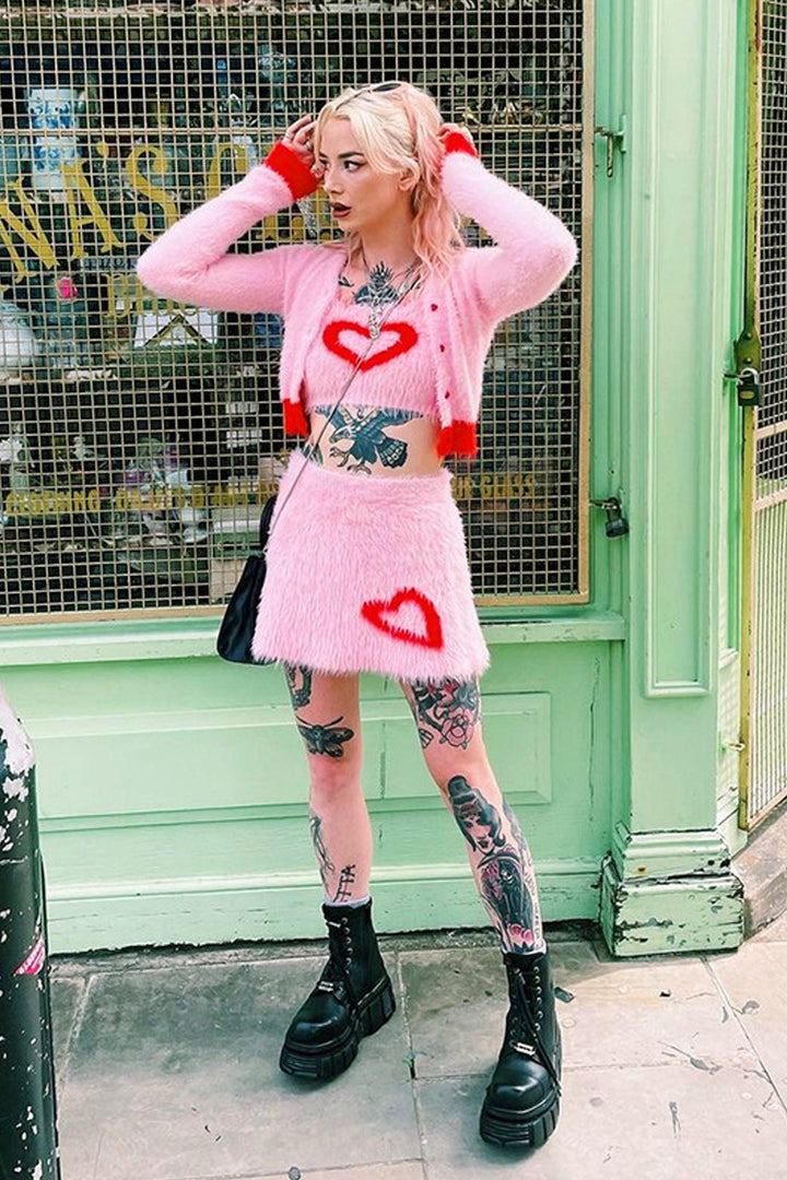 Y2K Fluffy Pink Heart Crop Top, Knitted Faux Fur Pink Set, Inspired by Rebel Wilson 'Senior Year'