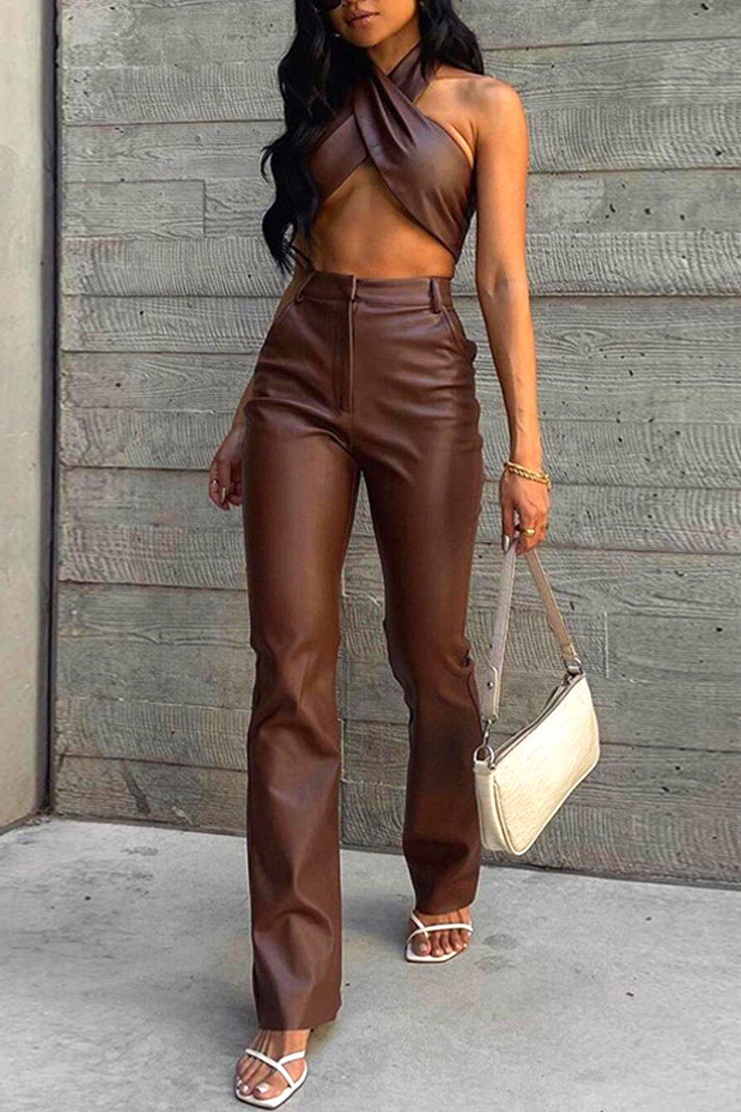 Tan Brown PU Leather Two Piece Set, Tie Back Wrap Halter Crop Top, High Waisted Flared Trousers