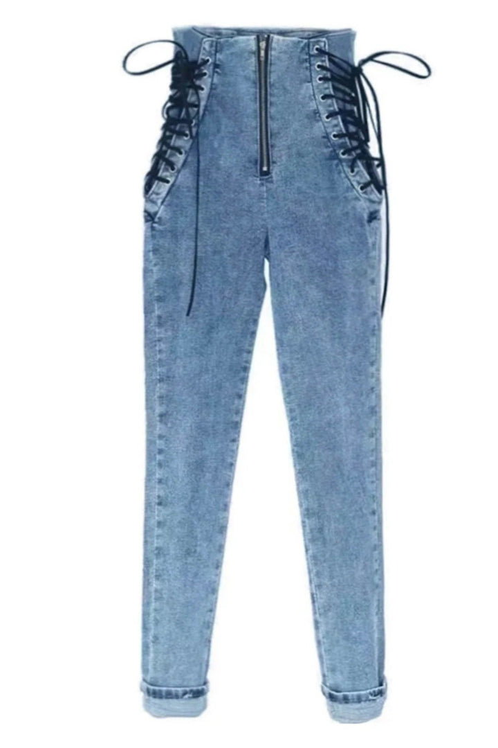 Cut Out Side Lace Up High Rise Skinny Jeans, Blue Wash High Waisted Ankle Length Super Skinny