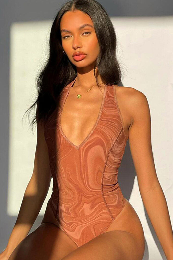 Brown Swirl Marble Print Halter Neck Bodysuit, Halter Neck Sleeveless Bodysuit