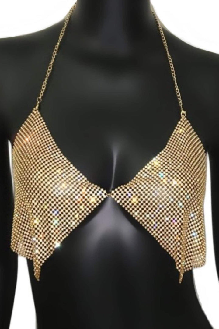 Gold Metal Mesh Halter Plunge Scarf Crop Top, Backless Scarf Bandana Top