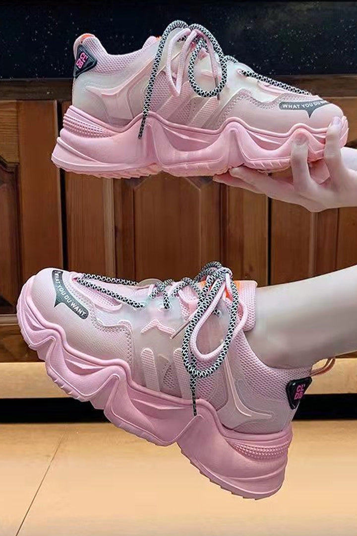 Bubblegum Pink Lace Up Front Chunky Trainers, Mesh Panel, Letter Graphic Shoes, Platform Sneakers, Women's Trainers