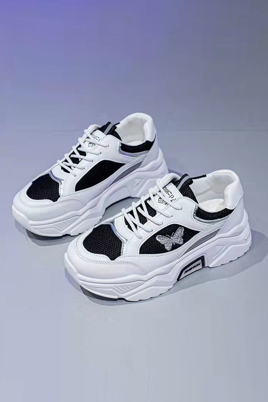 Butterfly Design Lace Up Front Chunky Platform Trainers, Black & White Panel Sneakers, Women's Trainers