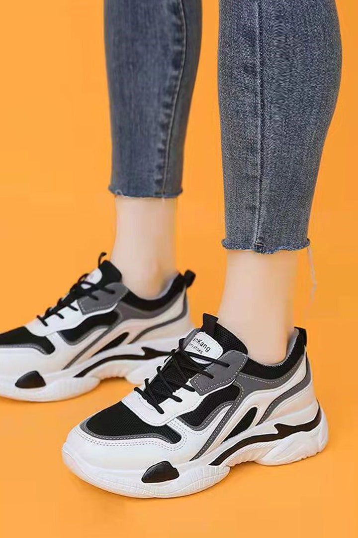 Lace Up Front Chunky Sneakers, Black Grey & White Mesh Panel, Women's Trainers