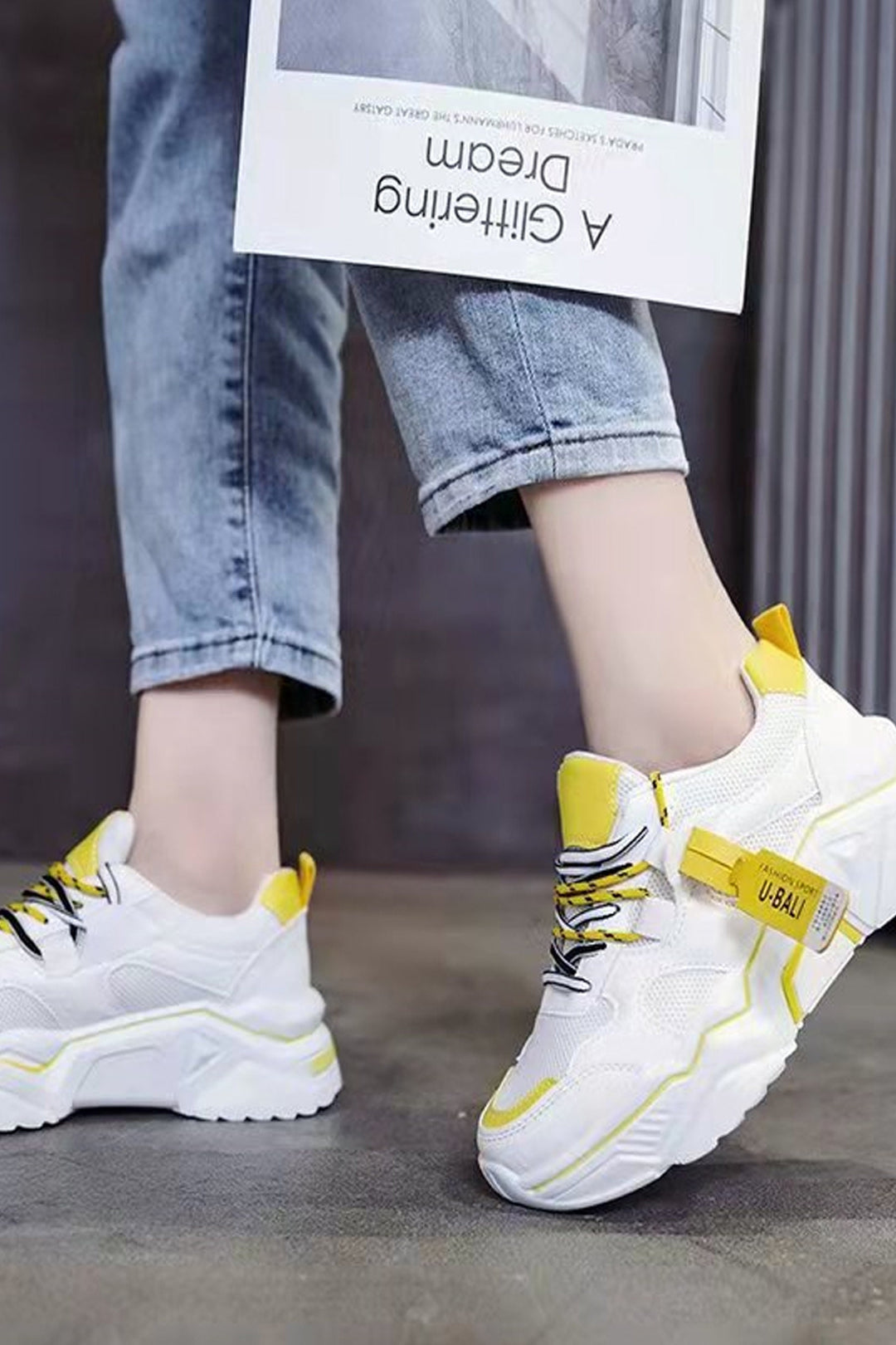 Yellow & White Lace Up Front Chunky Sneaker Trainers, Platform Thick Sole Sneakers, Women's Trainers