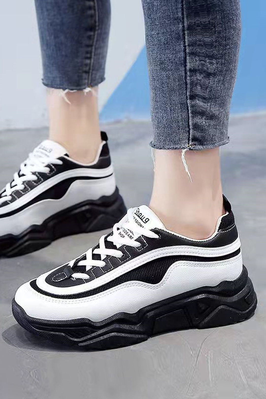 Black & Ox White Lace Up Front Chunky Platform Sneakers, Patchwork Panel Design, Chunky Platform Trainers, Women's Trainers