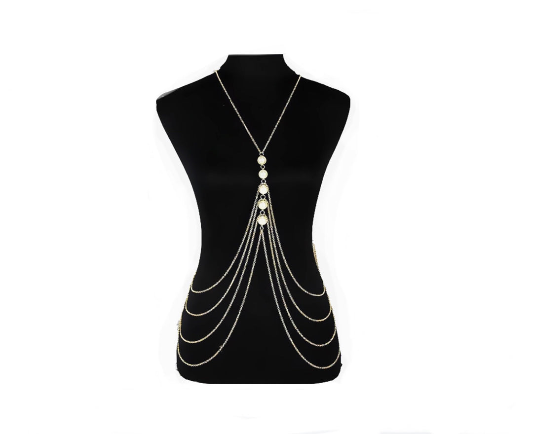 Body Chain, Multi-Layer Silver Finish Body Jewellery Chain for Women, Faux Pearl Tassel Chain Necklaces & Pendants (48 Hour Dispatch)