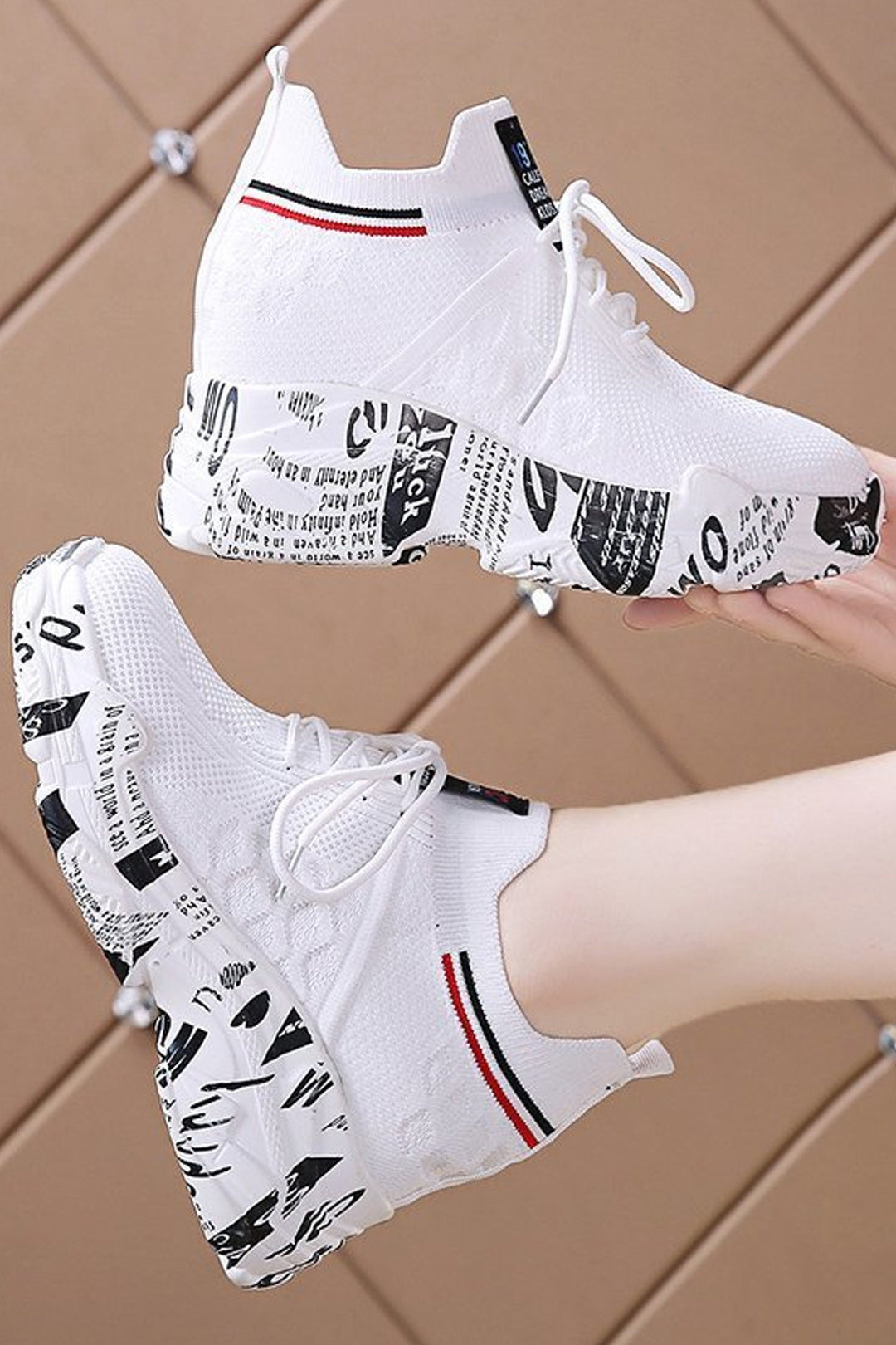 Edgy Newspaper Print Sole Platform Trainers, Women's Chunky Sneakers, Available in Black & White