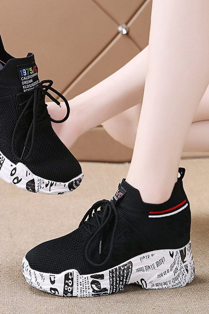 Edgy Newspaper Print Sole Platform Trainers, Women's Chunky Sneakers, Available in Black & White