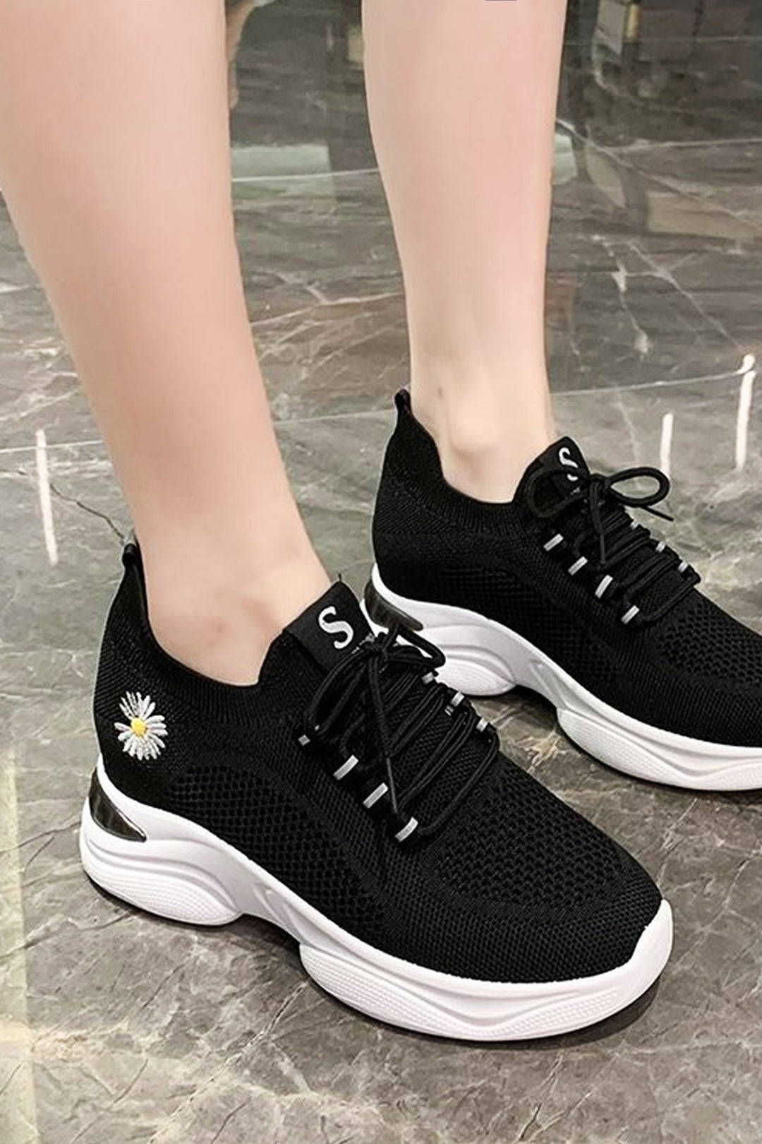 Knit Slip On Sock Sneaker, Lace Up Front Chunky Mesh Trainers, Flower Embroidery Design, Women's Trainers, Available in Black, White & Pink