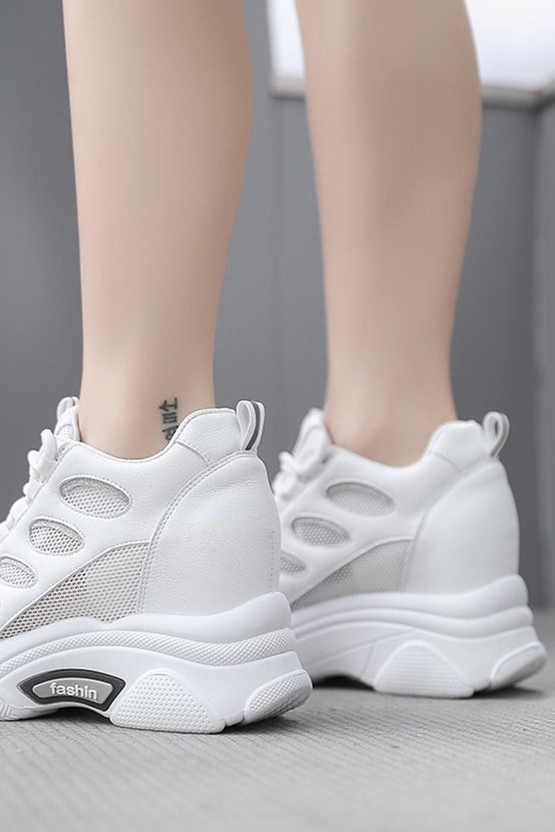 Minimalistic White Chunky Trainers, Lace Up Front Detailing Sneakers, Mesh Panel, Thick Sole, Women's Sneakers