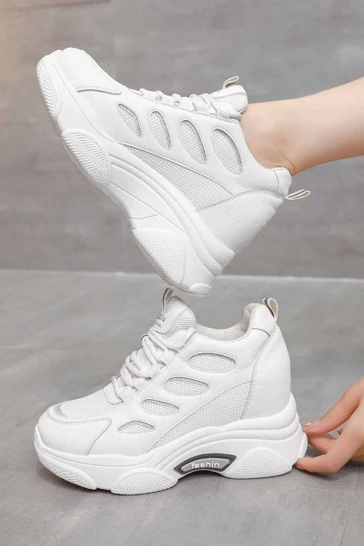 Minimalistic White Chunky Trainers, Lace Up Front Detailing Sneakers, Mesh Panel, Thick Sole, Women's Sneakers