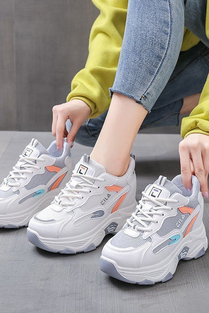 White Platform Chunky Bubble Trainers, Blue & Orange, White Lace Up Front Detailing Sneakers, Mesh Panel, Thick Sole, Women's Sneakers