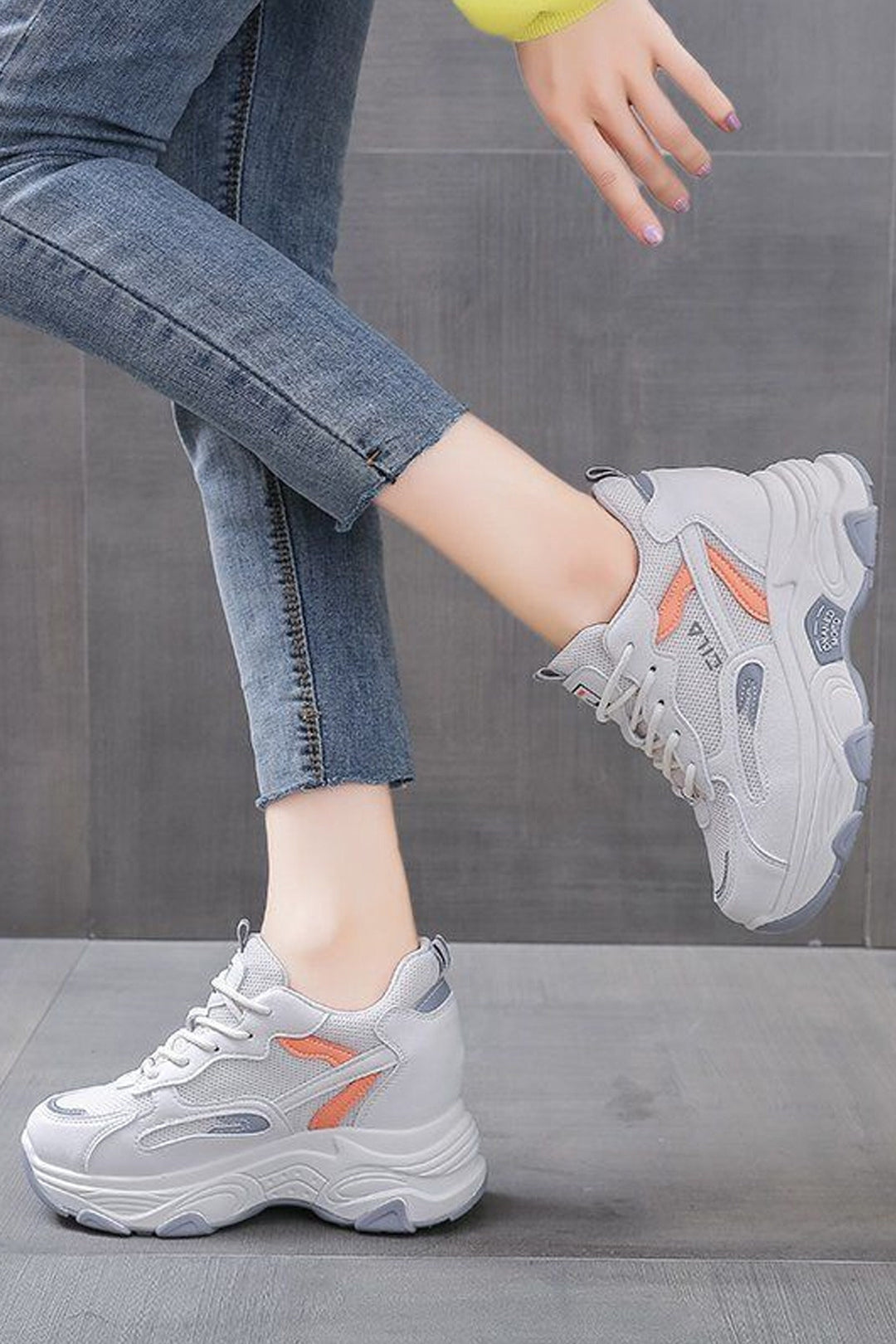 White Platform Chunky Bubble Trainers, Blue & Orange, White Lace Up Front Detailing Sneakers, Mesh Panel, Thick Sole, Women's Sneakers