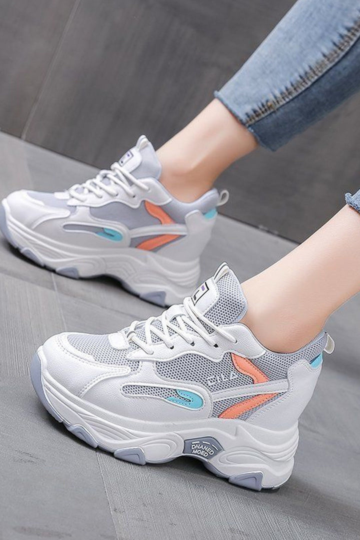 White Platform Chunky Bubble Trainers, Blue & Orange, White Lace Up Front Detailing Sneakers, Mesh Panel, Thick Sole, Women's Sneakers