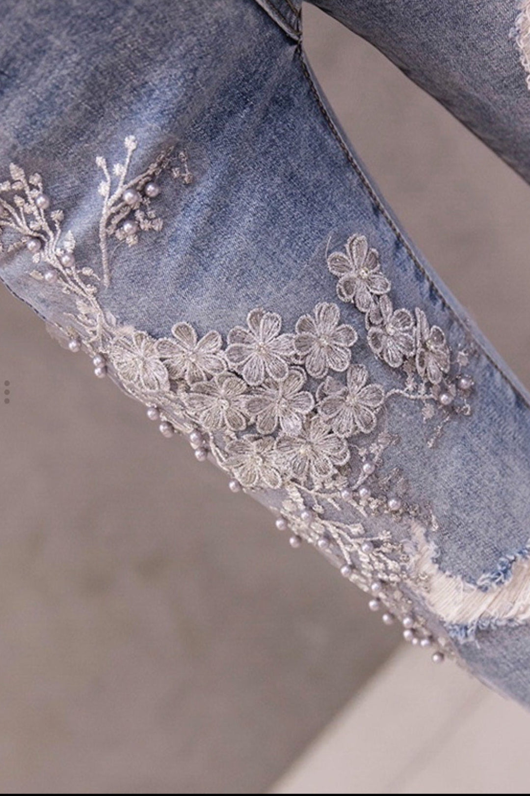 Silver Floral Embroidered & Pearl Embellished Frayed Ripped Denim Jeans, High Rise Flare Jeans