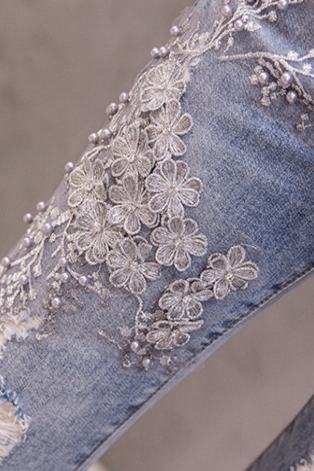 Silver Floral Embroidered & Pearl Embellished Frayed Ripped Denim Jeans, High Rise Flare Jeans