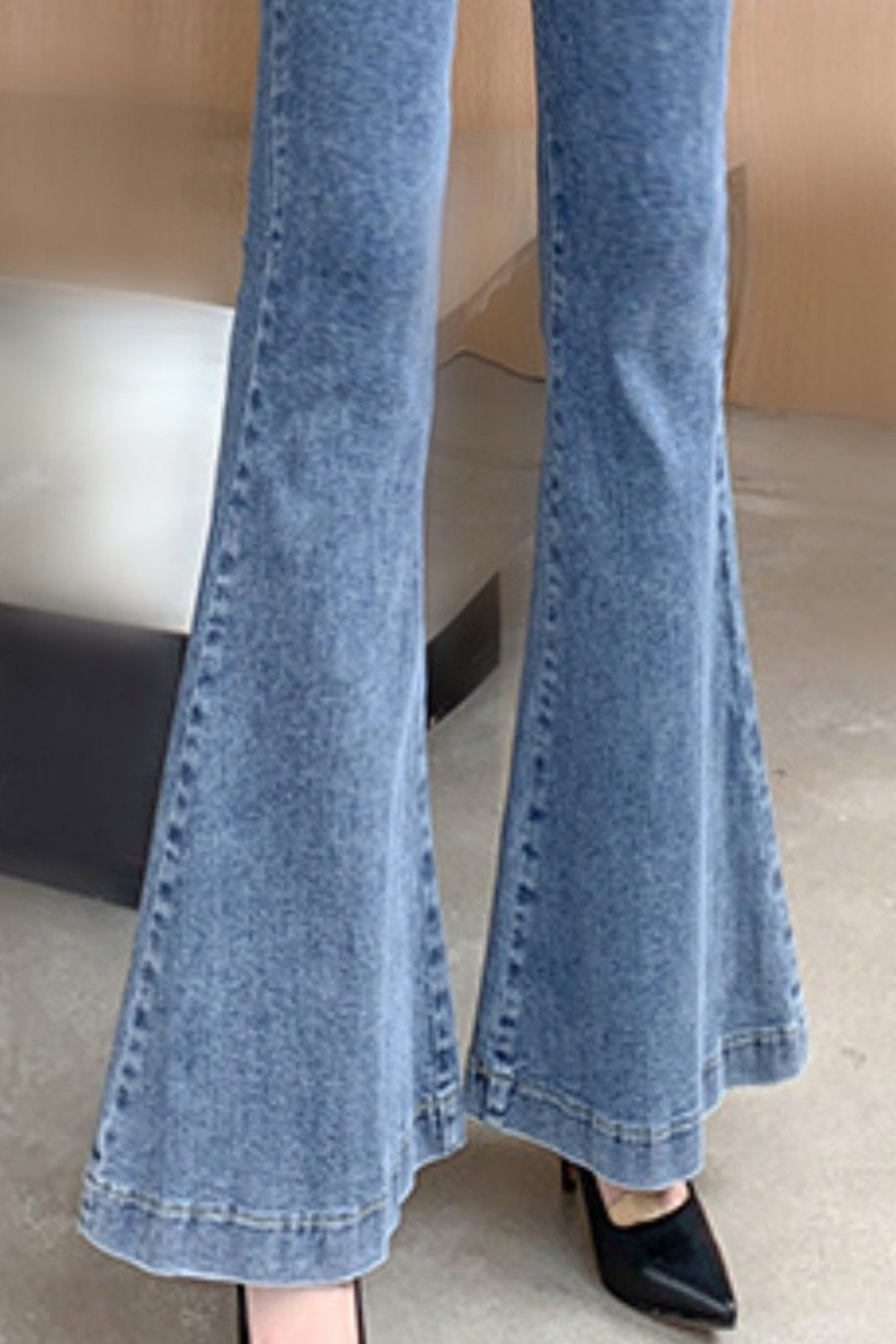 High Waist Button Up Silver Detail Flare Denim Jeans, Light Blue Wash High Rise Flared Ankle Jeans