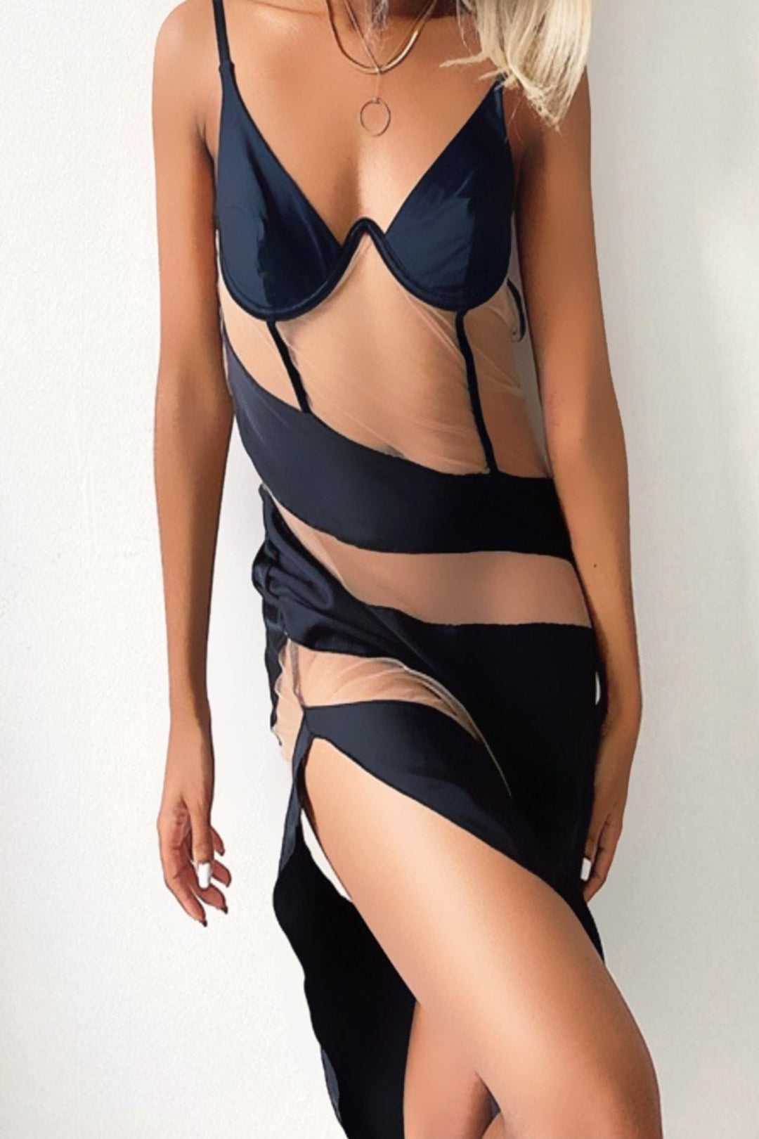 Black Plunge Neckline Cut Out Nude Mesh Bodycon Wired Split Thigh Maxi Dress