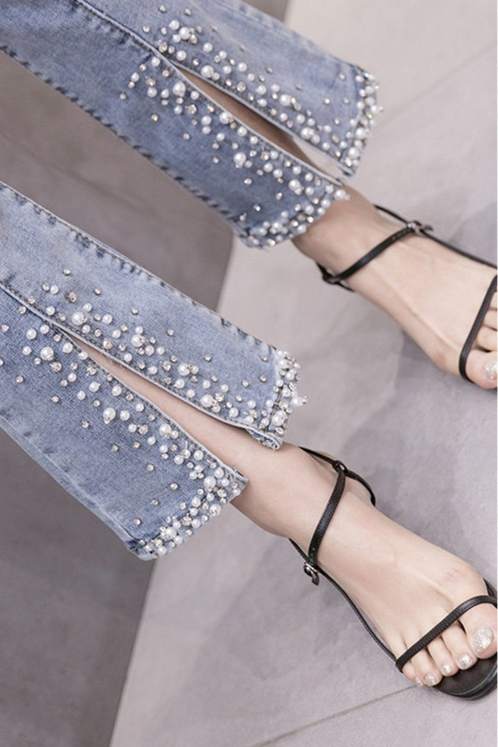 Crystal & Pearl Embellished Split Front High Rise Denim Jeans, Grey Wash Studded Straight Leg Mom Jeans