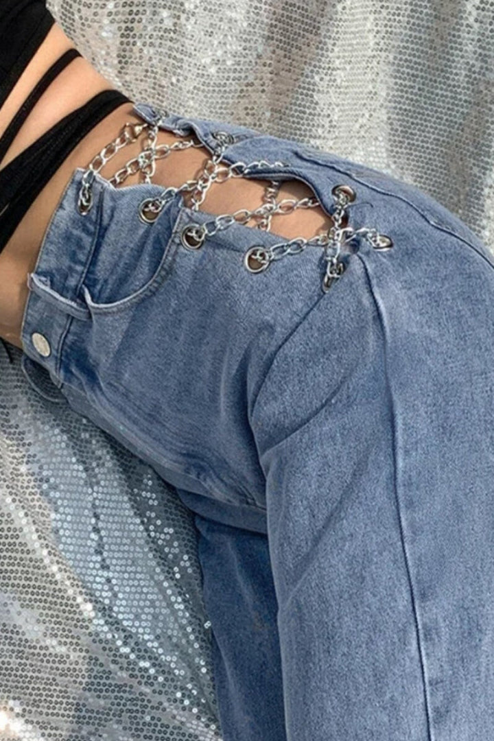 Y2K Cut Out Waist Silver Metal Chain Lace Up Detail Denim Jeans, Ankle Straight Leg High Rise Jeans