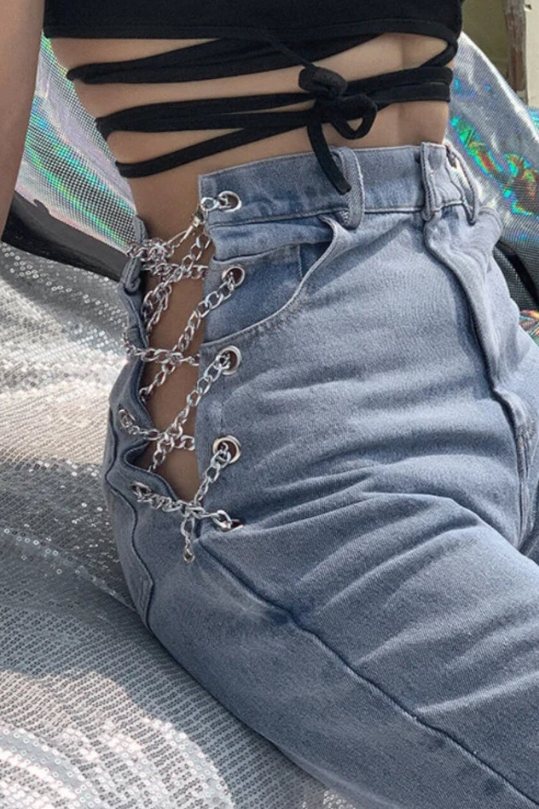 Y2K Cut Out Waist Silver Metal Chain Lace Up Detail Denim Jeans, Ankle Straight Leg High Rise Jeans