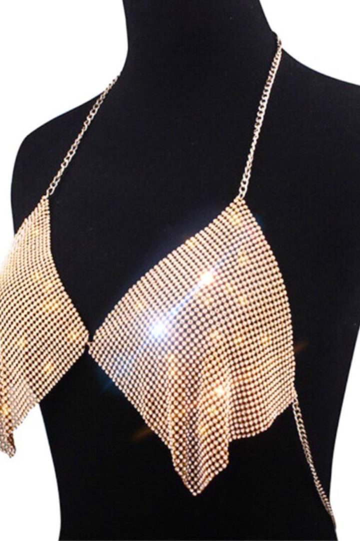 Gold Metal Mesh Halter Plunge Scarf Crop Top, Backless Scarf Bandana Top