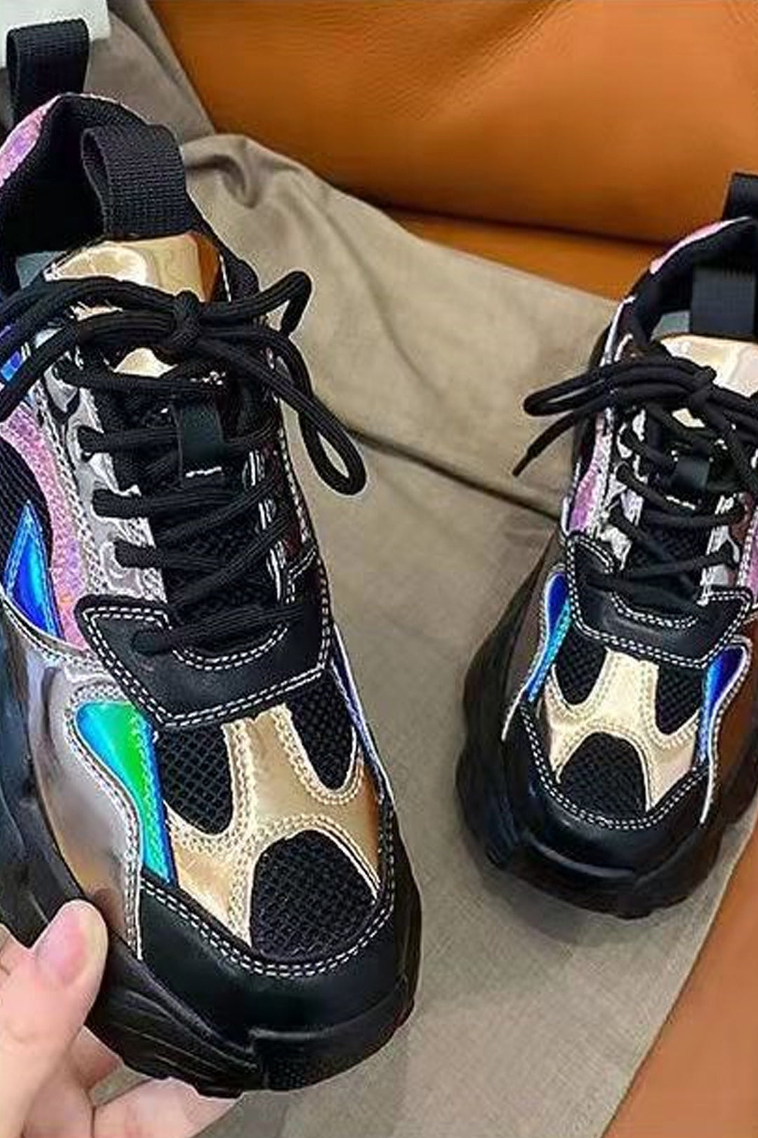 Black Lace Up Front Chunky Trainers, Silver Rainbow Holographic Panel Design, Chunky, Sneakers, Thick Bubble Sole, Women's Trainers