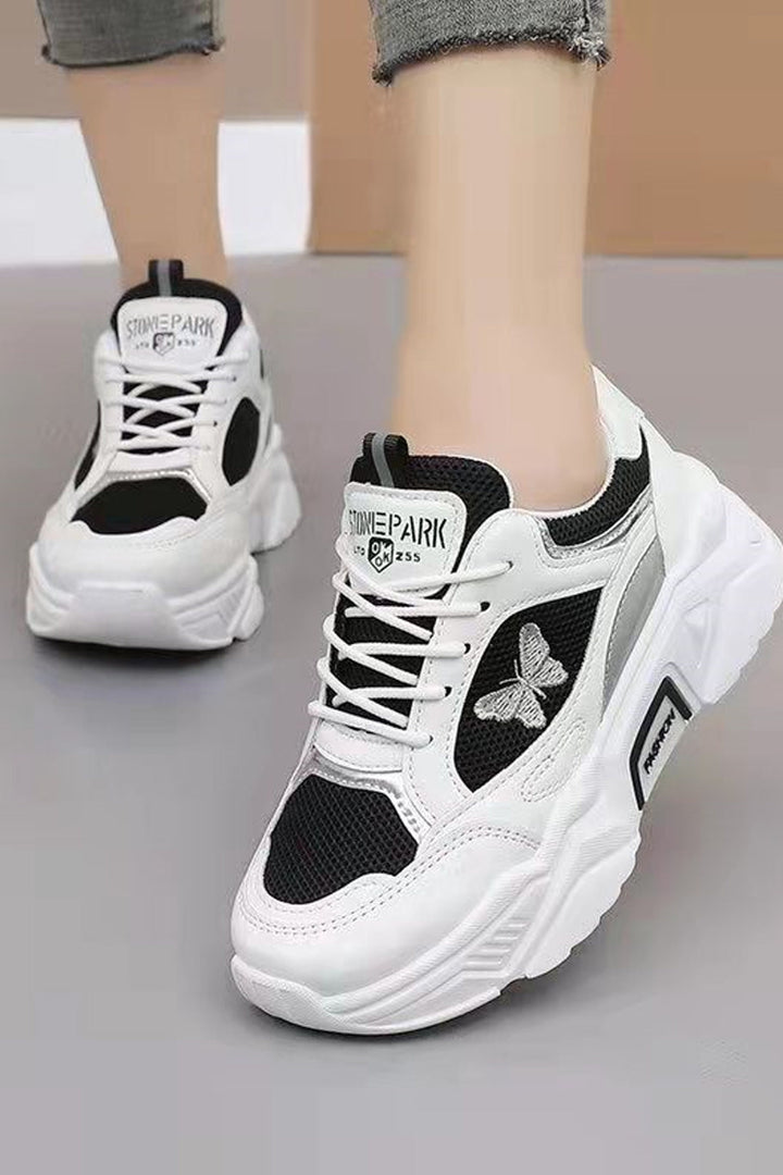 Butterfly Design Lace Up Front Chunky Platform Trainers, Black & White Panel Sneakers, Women's Trainers