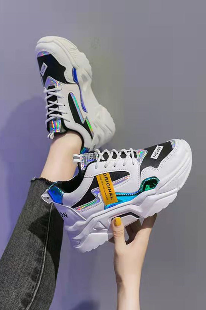 Multicolour Lace Up Front Chunky Sneakers, Mesh Panel, Platform Sneakers, Women's Trainers