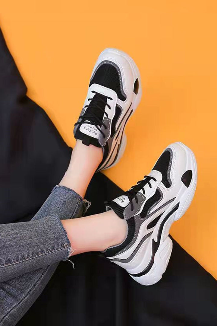 Lace Up Front Chunky Sneakers, Black Grey & White Mesh Panel, Women's Trainers