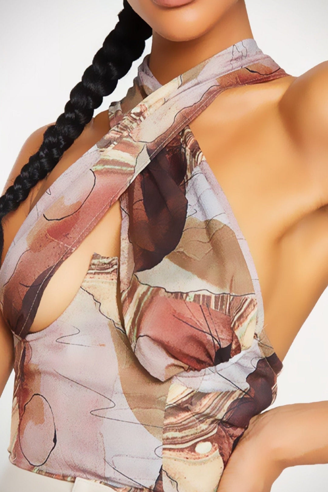 Brown & Beige Abstract Print Criss Cross Cut Out Crop Top, Halter Wired Push Up Crop Top