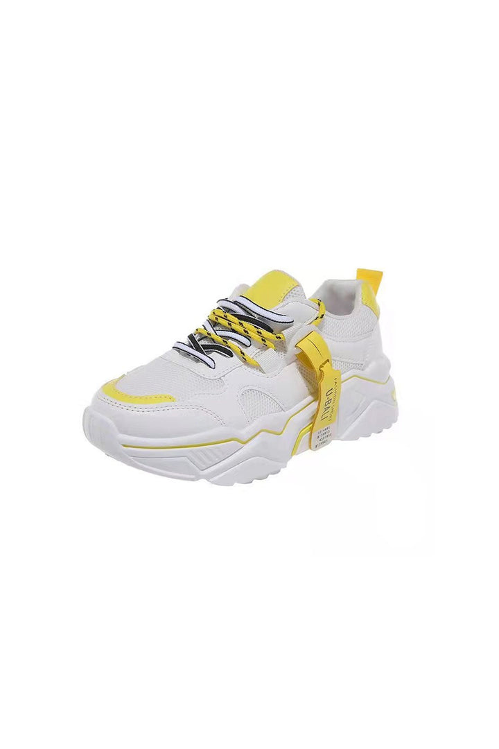 Yellow & White Lace Up Front Chunky Sneaker Trainers, Platform Thick Sole Sneakers, Women's Trainers