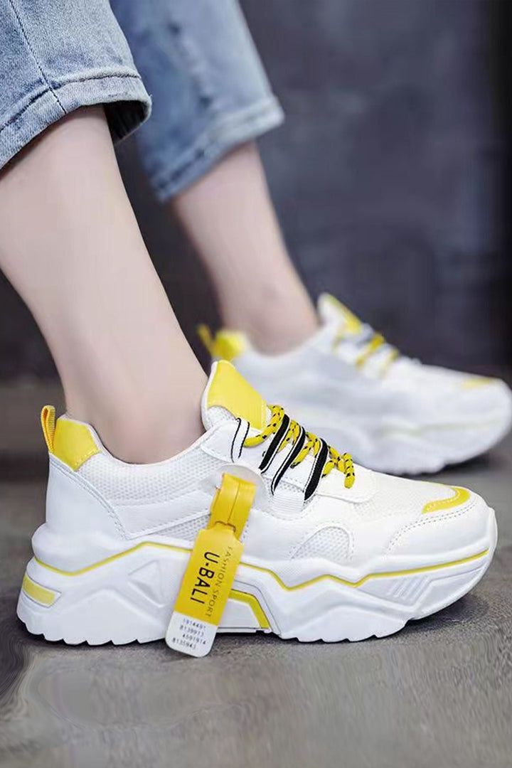 Yellow & White Lace Up Front Chunky Sneaker Trainers, Platform Thick Sole Sneakers, Women's Trainers