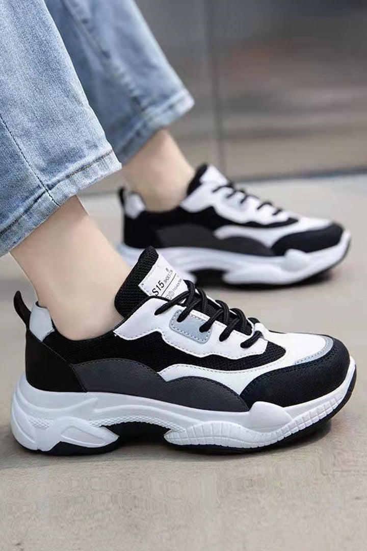 Black & White Lace Up Front Chunky Trainers, Mesh Grey Panel Design, Thick Sole Sneakers, Women's Trainers