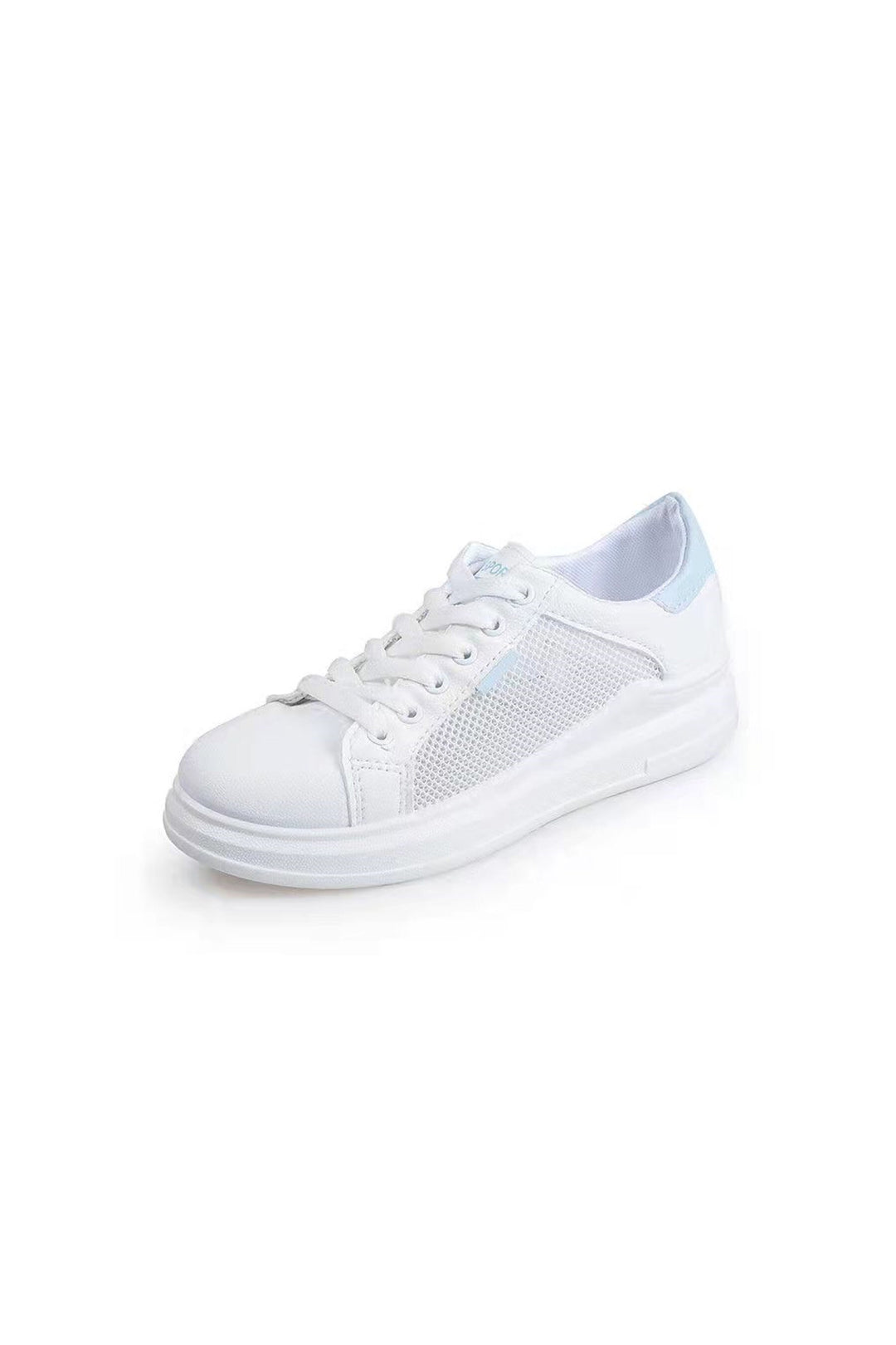 Ox White Lace Up Front Sneakers, Light Blue Patchwork Panel Design, Women's Trainers