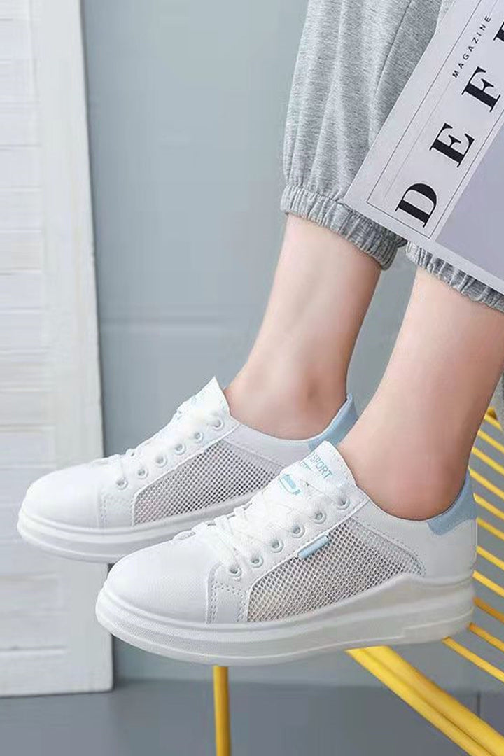 Ox White Lace Up Front Sneakers, Light Blue Patchwork Panel Design, Women's Trainers