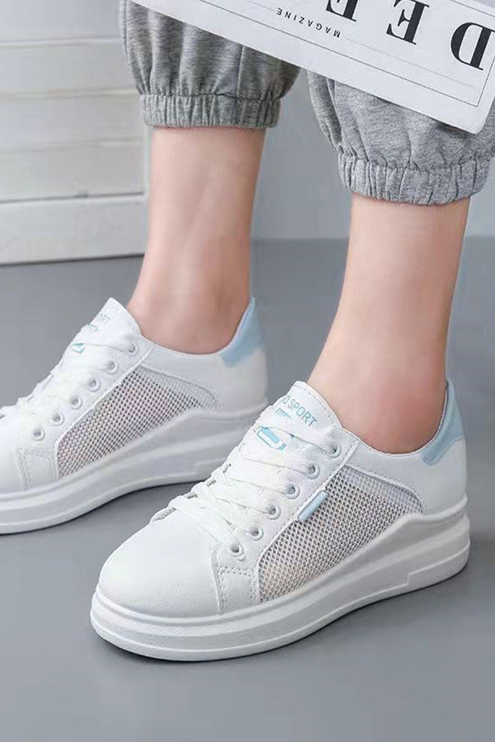 Ox White Lace Up Front Sneakers, Light Blue Patchwork Panel Design, Women's Trainers