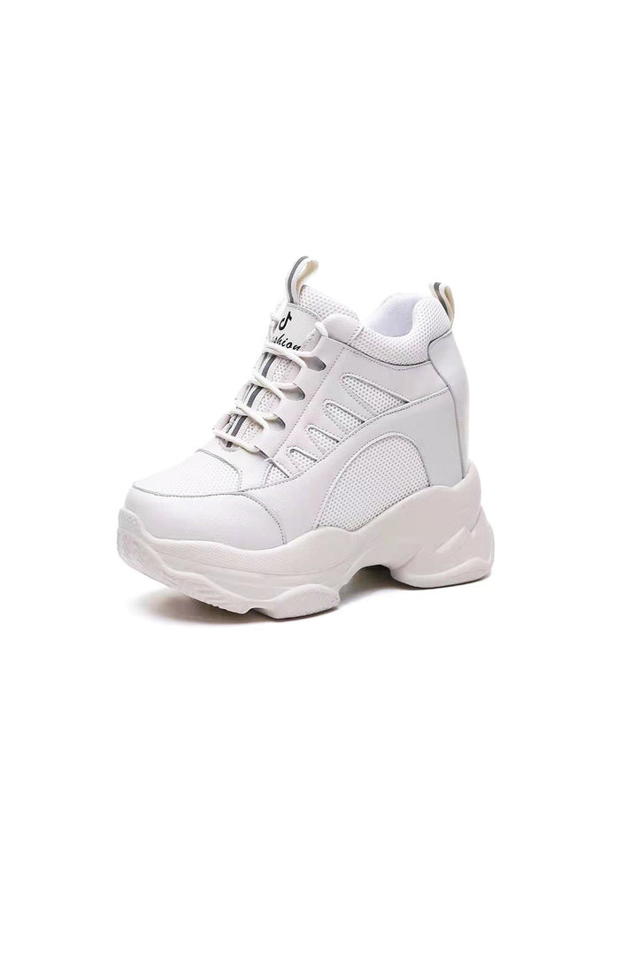 Chunky High Top White Platform Trainers, Lace Up Front Detailing Sneakers, Mesh Panel, Thick Sole, Women's Sneakers