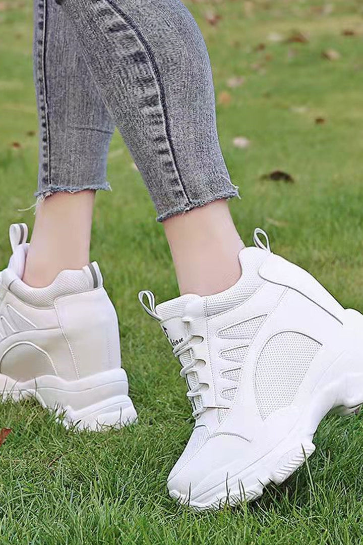 Chunky High Top White Platform Trainers, Lace Up Front Detailing Sneakers, Mesh Panel, Thick Sole, Women's Sneakers