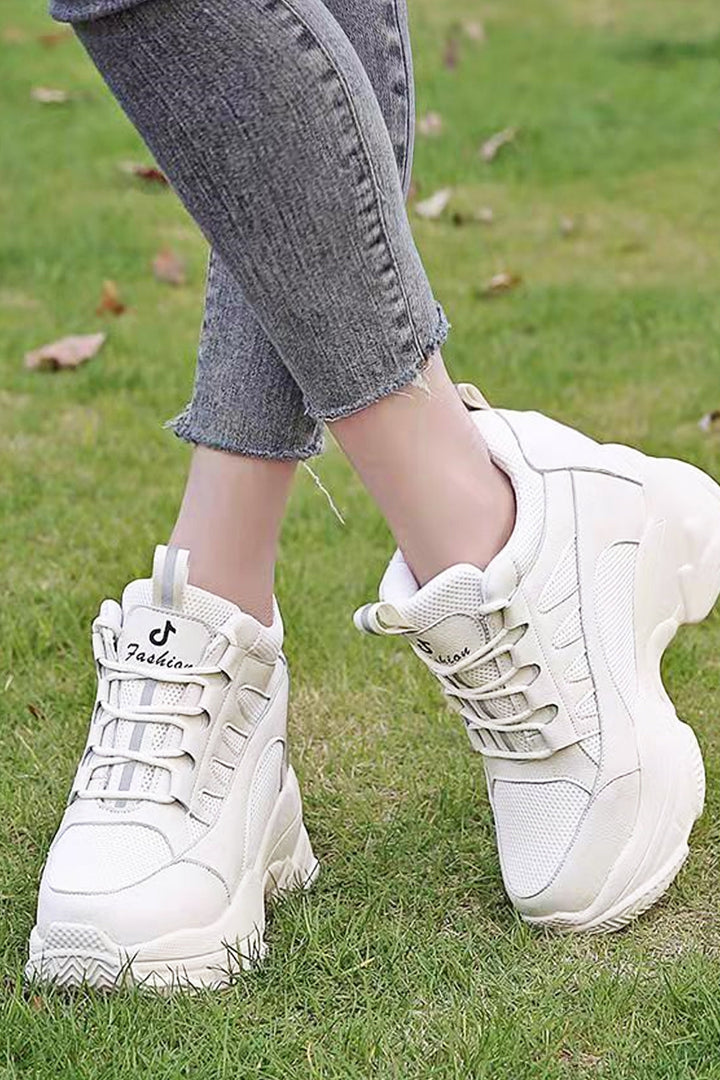 Chunky High Top White Platform Trainers, Lace Up Front Detailing Sneakers, Mesh Panel, Thick Sole, Women's Sneakers